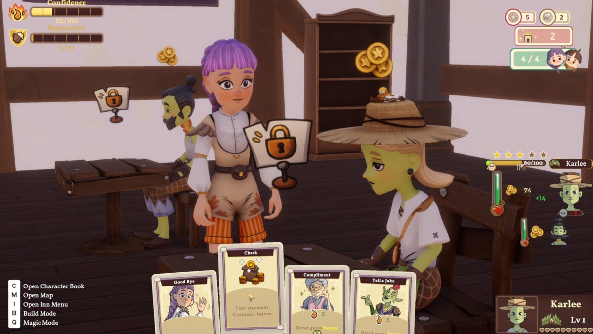 The player talking to another character using the card-battling system in Magic Inn